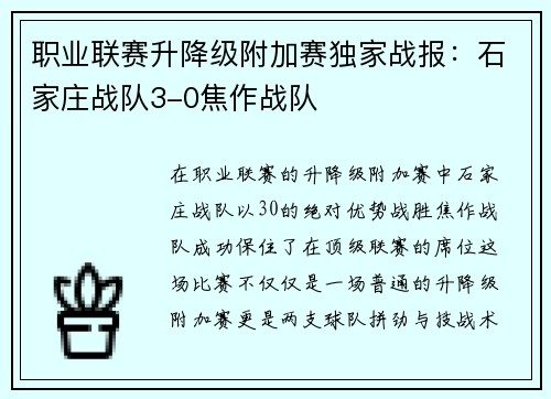 职业联赛升降级附加赛独家战报：石家庄战队3-0焦作战队